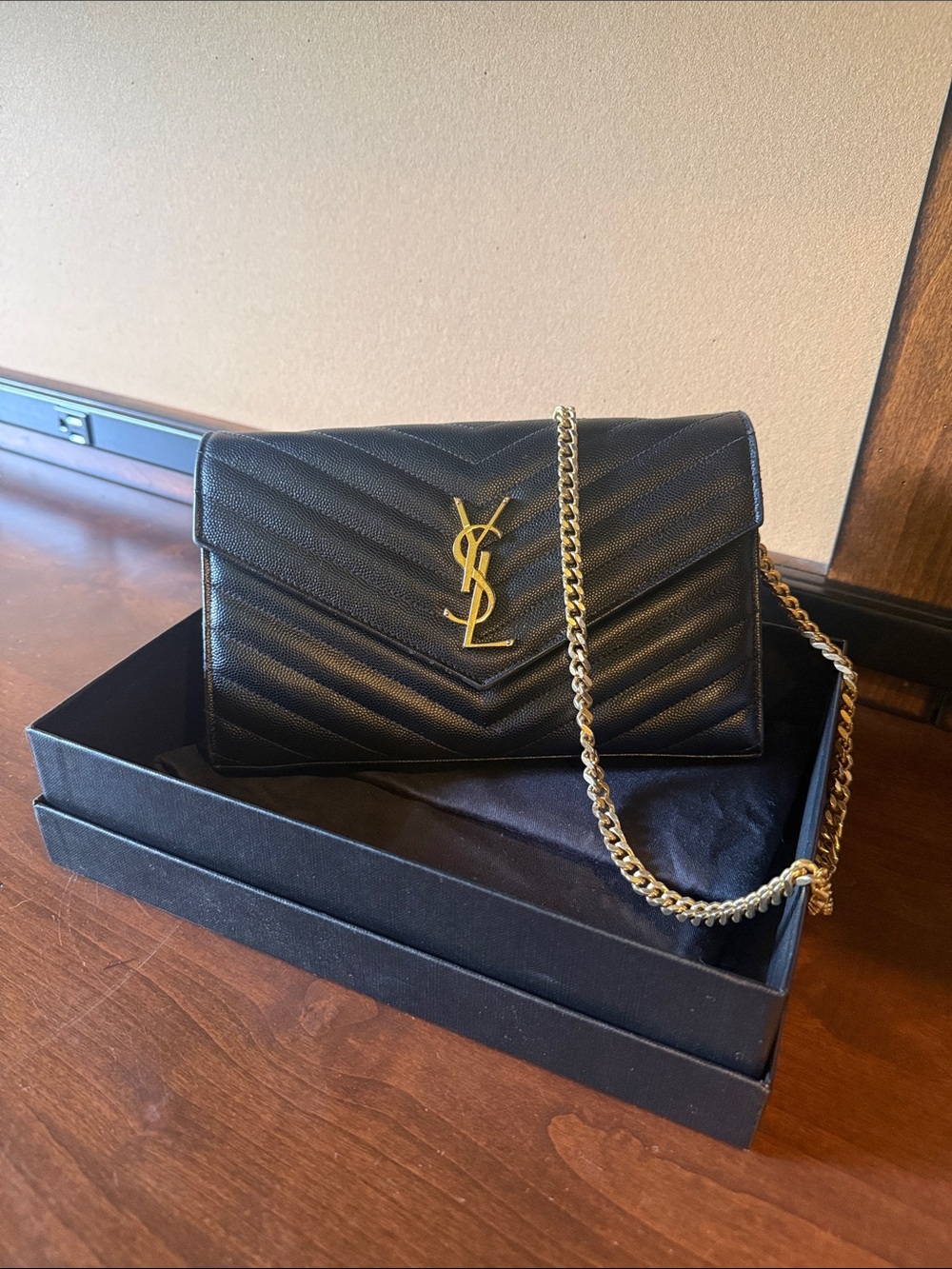 Saint Laurent Black Chevron Quilted Leather Crossbody with Gold Hardware